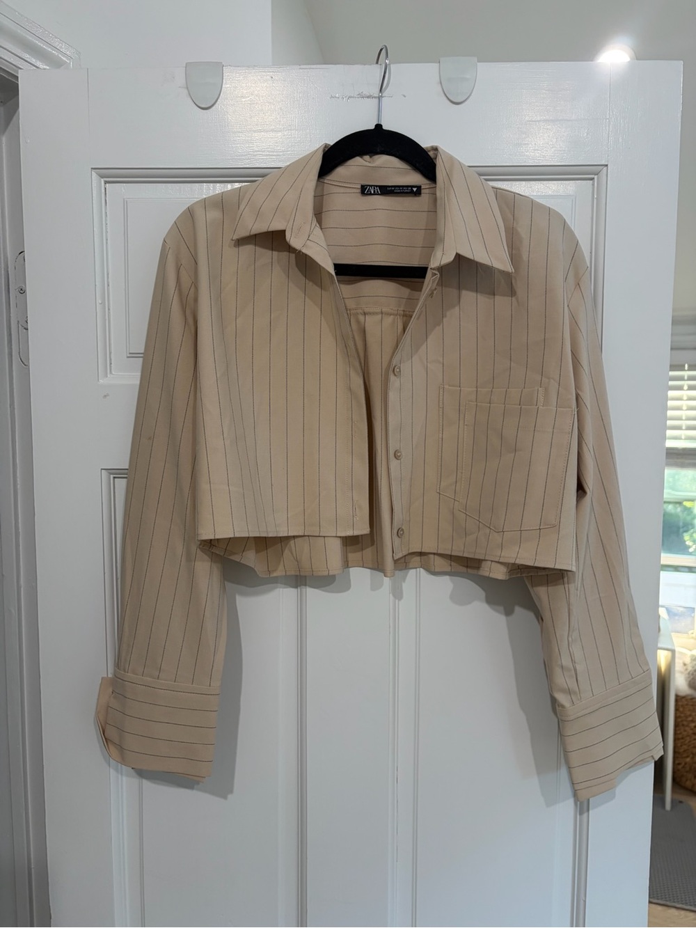 Zara Cropped Beige Pinstriped Button-Down Shirt